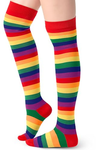 Blulu Chaussettes au Genou Longues Rayées Chaussettes Hautes à Rayures Bas Rayés au Genou pour Femmes(Rouge bonbon)