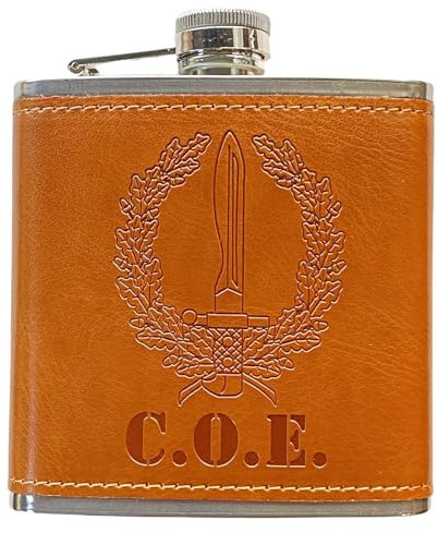 Petaca de Acero Inoxidable 304 /Forrada en Piel(Marrón) Alcohol Personalizada para Hombres, Petaca 6oz/177ml, Camping, Senderismo, Bar, Fiesta, Barbacoa y Bodas (C.O.E.)