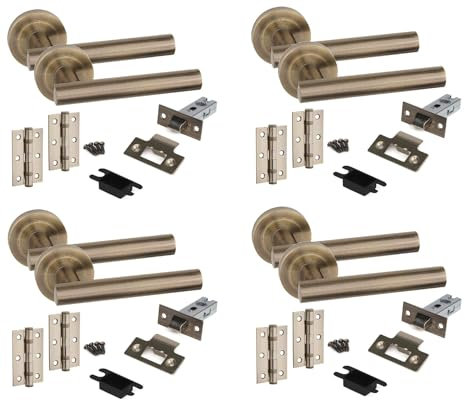 Golden Grace 4 Set Straight T-Bar Design Door Handles with Tubular Latch and 1 Pair of 3 Ball Bearing Hinges Antique Brass Finish