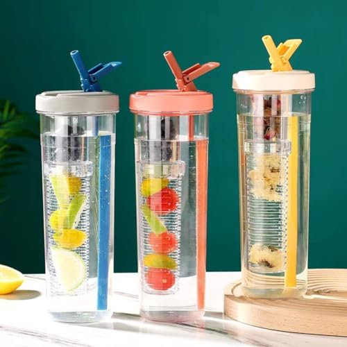 LFRNZS Fruit Infuser Wasserflasche mit faltbarem Strohhalm, Fruchteinsatz, Tee-Ei, Wasserflasche, Becher mit Strohhalmen, auslaufsicher und bruchsicher, für drinnen und draußen, Rosa + Gelb