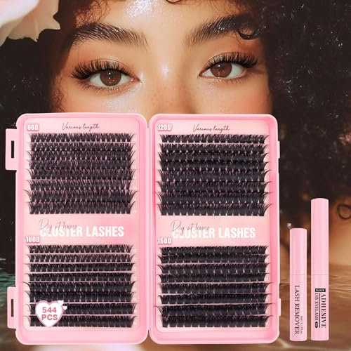 Parriparri Individual Eyelashes Kit 544pcs Cluster Lashes Book with Eyelash Glue & Remover D Curl Thick False Lash Clusters for DIY at Home(60+100+120+150D Kit)