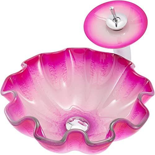 HAVVMK Waschbecken für Badezimmer, modernes Waschbecken mit Wasserhahn und Abflusskombination, gehärtetes Glas, 12 mm Dicke, Arbeitsplatte, Handwaschbecken, rosa Aufsatzwaschbecken (Blume
