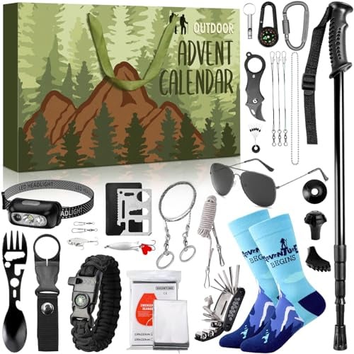 MOVINPE Outdoor Camping Gear Adventskalender 2025, 24 Tage Camping & Wandern Essentials für Männer & Teenager Jungen - Outdoor Abenteuer Weihnachten Countdown Geschenke