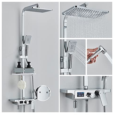 CWCQGH Thermostatic Shower Mixer Set Black Digital Display Shower Faucets 4-Way Thermostatic Shower Mixer with Bidet Faucet Storage Rack Showe Mixer for Bathroom