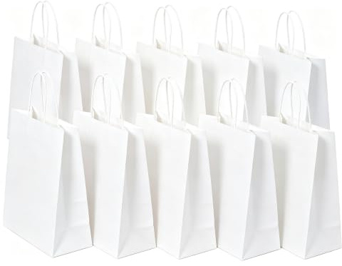 SHUBEIEUMI 10 Sacs Cadeaux en Kraft Avec Poignées,Blanc | 21x15x8 cm Petite Taille Sacs en Papier pour Anniversaires, Mariages
