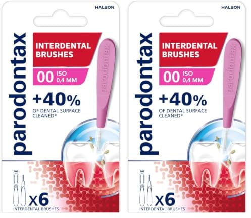 PARODONTAX - Brossettes Interdentaires 0,4 mm - Assure l'Hygiène Interdentaire - Couvre +40%* de Surface de Brossage - Elimine la Plaque Dentaire Entre les Dents - Lot de 12 Brossettes avec Capuchon
