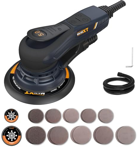 Bürstenloser MAXXT Elektroschleifer 350 W – Exzenterschleifer 5.0 mit 150 & 125 mm Scheiben, Dreikernanschluss, 4000-10000 U/min (6-stufig). 20 Schleifpapieren