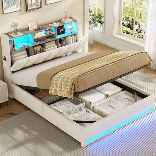AOGLLATI Ottoman Double Bed Frame with Hydraulic Storage & Led Lights | 4ft6 Upholstered Storage Bed with Charging Station Upholstered Platform Bed with Storage Headboard(Beige,Double-135x190cm)