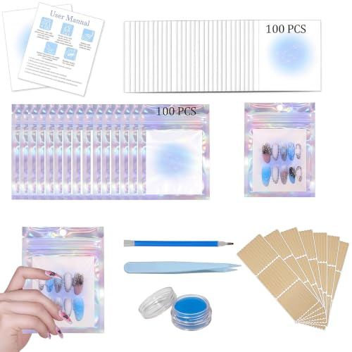 Bafutayawa 6-in-1 Press On Nail Storage Set, 100 Piece Laser Packaging Bags & Display Cards with Accessories, Nail Art Accessories for Art Nails