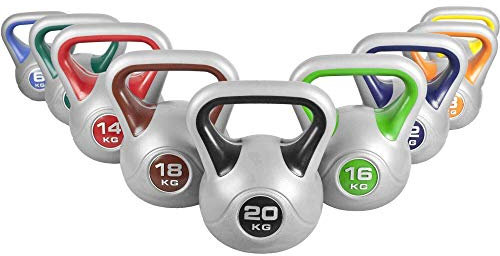 GORILLA SPORTS® Kettlebell - 2kg, 3kg, 4kg, 5kg, 6kg, 8kg, 10kg, 12kg, 14kg, 16kg, 18kg, 20kg Gewichte, Einzeln/Set, mit/ohne Ablage, Kunststoff - Kugelhantel, Schwunghantel, Kugelgewicht