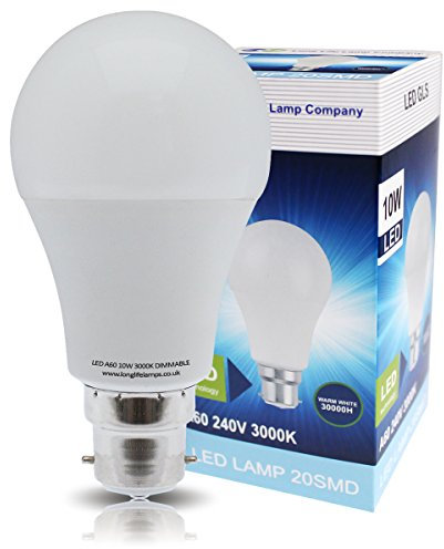 Long Life Lamp Company 2 Pack 10w Dimmable GLS LED Light Bulb B22 Bayonet Very Bright 10w = 100w Warm White A60