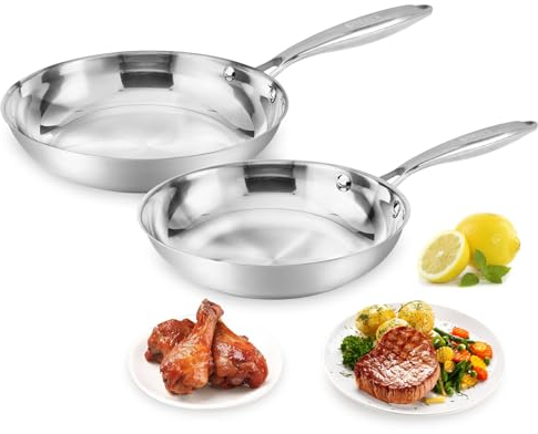Fry Pan Set of 2 | 8 & 10 Tri-Ply Stainless Steel Frying Pan, Oven & Dishwasher Safe Classic Cooking Pan Cookware
