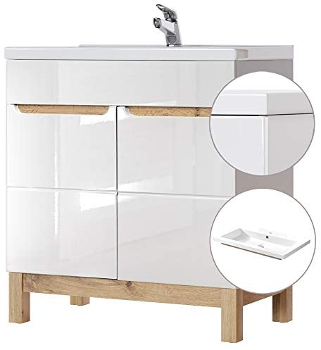 Lomadox Badmöbel Waschtisch Set, 80cm Unterschrank Hochglanz weiß & Wotaneiche, 81cm Keramik-Waschbecken, B x H x T ca. 81 x 85 x 46cm