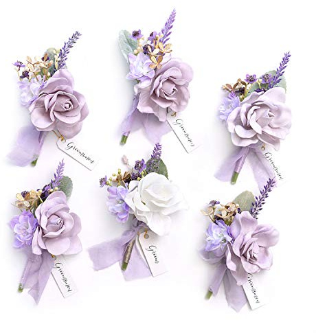 Ling's moment Boutonniere for Men, 6pcs Groom Groomsmen Boutonniere, Artificial Flowers for Wedding Decor/Prom/Homecoming, etc.Purple Lilac Lavender