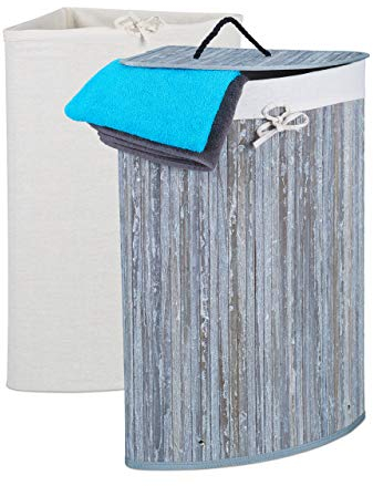 Relaxdays Eckwäschekorb Bambus, faltbarer Wäschesammler mit Deckel, 60 Liter, 2 Wäschesäcke, HBT 66 x 49,5 x 37 cm, grau, 1 Stück