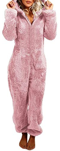 Geagodelia Pagliaccetto in Peluche da Donna Pigiama Intero Invernale Pile di Corallo Tuta a Maniche Lunghe Tutina Cerniera Felpe con Cappuccio in Peluche Indumenti da Notte (Rosa, XXL)