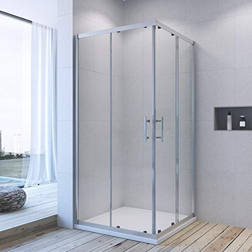 Duschkabine Eckeinstieg 70x70 x 185 cm Schiebetür Glas Eckdusche Duschabtrennung Duschtrennwand Glaswand Duschwand Doppel Duschtür Alumuniumprofile silber matt ESG Sicherheitsglas Echtglas AQUABATOS