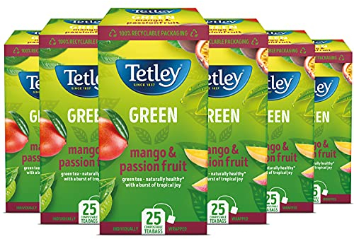 Tetley Mango & Passionfruit Green Tea Bags – 6 Boxes, 150 Teabags – Smooth, Sweet Green Teabag with Tropical Flavours – Refreshing & Naturally Healthy