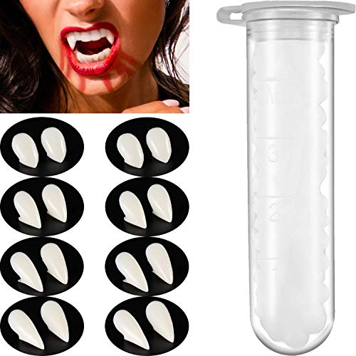 DASHUAIGE 8 Stück Vampirzähne Kit 4 Größen benutzerdefinierte Reißzähne Vampirzähne gefälschte Zahnersatz mit 1 Tube Zähne Pellets Klebstoff für Cosplay Party Requisiten Halloween Party Reißzähne