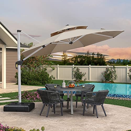 PURPLE LEAF Sonnenschirm Balkon Ampelschirm 330 cm Durchmesser, Marktschirm Groß 360° Rotation, Gartenschirm mit Kurbel, Balkonschirm XXL, Sonnenschutz UV50+, Beige