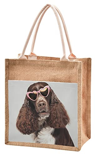Natürliche Jute-Tragetaschen mit englischem Springer Spaniel, niedliches Hundeherz, Brille mit Baumwollgriffen, wiederverwendbarer Reißverschluss, groß, Einkaufsgeschenk, Lunchtasche, braun, Small