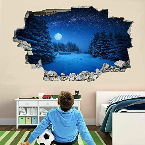 Mond 3D Durchbruch Wandtattoo Mädchen Kinderzimmer Nachtlandschaft Wandaufkleber Dekorative Baumschnee Wandsticker Vinyl Wandaufkleber für Junge Teenager Zimmer Wohnzimmer Schlafzimmer Wandbilder Deko