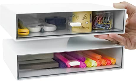 Zuiaso 2 Stück Schreibtisch-Organizer, stapelbare Schubladen, Kunststoff-Make-up-Organizer, Schreibtisch-Kleinteile-Aufbewahrung (1 Schublade, weiß)