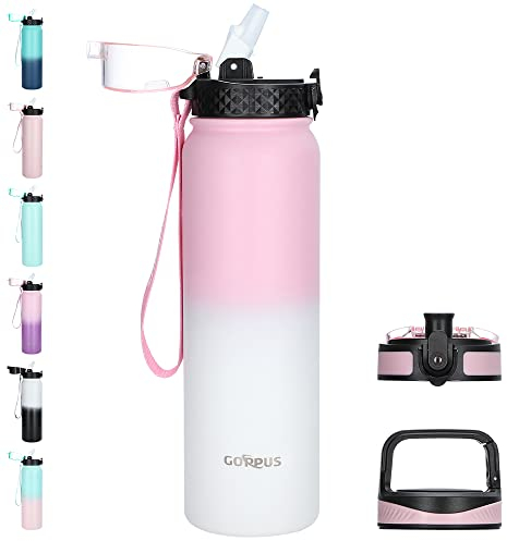 GOPPUS Botella Agua Acero Inoxidable 1l / 32 oz con Pajita Botella Agua Térmica Caliente Botellas Agua Acero Doble pared Botellas Agua Aisladas Botella Agua Fría a Prueba de Fugas Adulto con 3 Tapas
