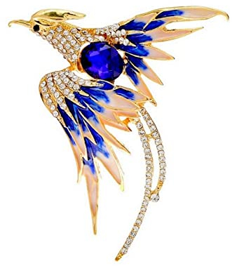 Brosche Schmuck Vogel Phoenix Gold und Blau aus Stahl., 5 x 4 cm, Edelstahl