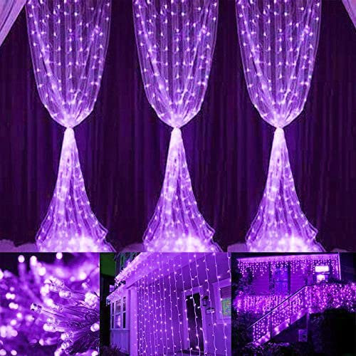 QQY Solar Curtain Light, 3m x 2m 200 LED 8 Modes Remote Control Waterproof Solar Fairy Lights Outdoor Curtain String Lights for Gazebo Patio Party Festival Decorations (Purple)