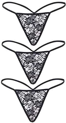 comeondear G-String Ficelle Femme String Chic sous Vetements Feminins Grande Taille Culotte Tanga Dentelle Stretch Slip Taille Basse String Underwear Thong T-Back Lot de 3(Noir,L)