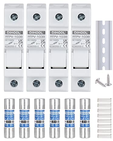 Solar PV Sicherungshalter 1-polig DC1000V 10 x 38 mm DIN-Schienenmontage,20A Sicherung photovoltaik (4pcs Sicherungshalter and 6pcs Sicherung)