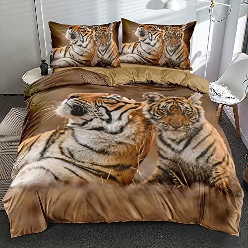DXHOME Tiger Bettwäsche 135x200 3D Tiermotiv Bettwäsche Braun Gelb Weich Komfort Mikrofaser Wendebettwäsche 2 teilig für Jugendliche Kinder Einzelbett mit Reißverschluss und Kissenbezug 80x80 cm