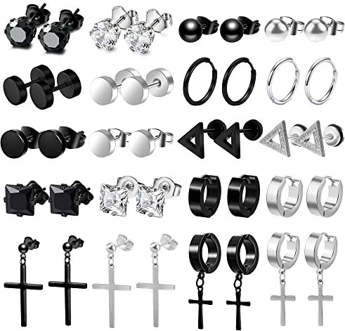ALEXCRAFT Edelstahl Ohrringe Herren Männer Cross Creolen Schwarz Silber Damen Ohrstecker Ohrringe Set für Mehrere Ohrlöcher 20 Paar
