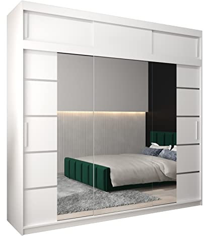 ABIKSMEBLE Verona 4 250 Armario 2 Puertas Correderas para Dormitorio - Armario Moderno con Espejo, Barra y Estantes - 250x240x62 cm (Ancho x Alto x Fondo) - Bianco Mate con Extensión