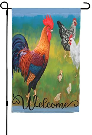 Gartenflaggen, bunte Hühner auf Gras, Premium-Hofflagge, Bauernhoftier, Hahn, natürliche Aquarellmalerei, Urlaubsparty, Flagge, Outdoor-Bauernhaus- tion, Heim-Veranda-Flaggen, 30,5 x 45,7 cm