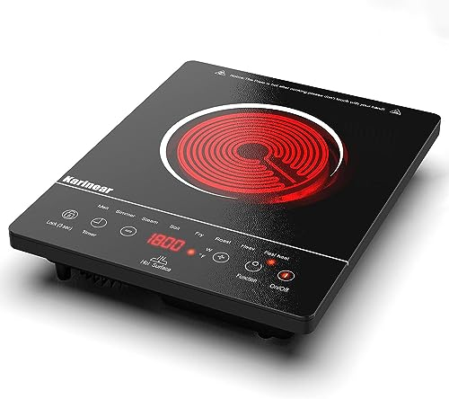 Karinear Placa vitroceramica 1 Fuegos, Placa de cocción integrada, Vitroceramica portatil, Indicador de alta temperatura, Bloqueo para niños, 9 velocidades, Negro (2000 W)