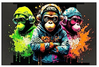 NOLLAM Bild auf Leinwand AFFE-Tier Bilder Graffiti Leinwand Gemälde Wandkunst Tiere Poster Und Kunstdrucke-3 weise Swag-Affen Wandbilder Für Wohnzimmer Dekoration90x135cm 35x53ohne Rahmen