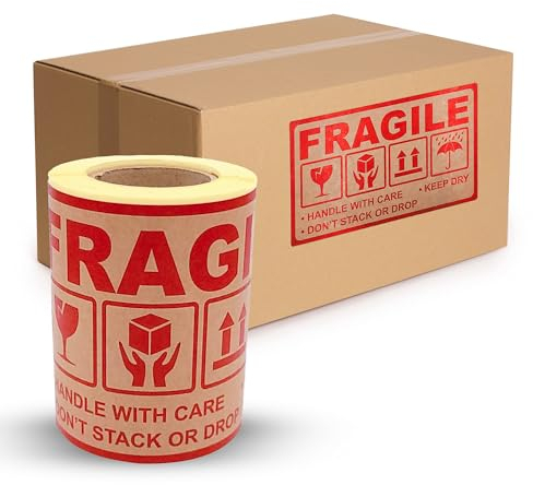 MD Labels KRAFT etiketten auf rolle 150x90mm – 100 Labels- 100 stuck- FRAGILE- handle with care – keep dry – don’t stack or drop- this way up