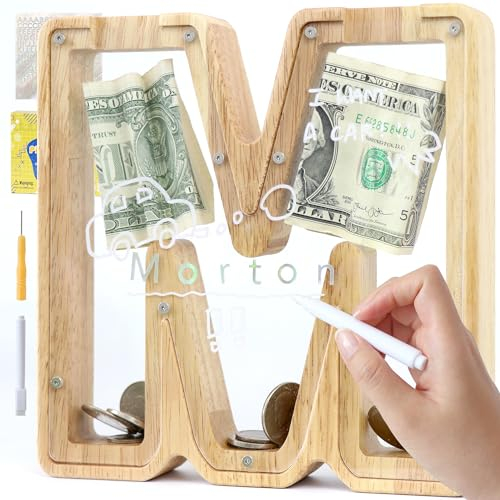 LEcylankEr Tirelire en Bois en Forme de Lettre, Tirelire Cochon Personnalisée pour Enfants, Tirelire Transparente Créative pour Cadeaux A'anniversaire et de Festivals(M)