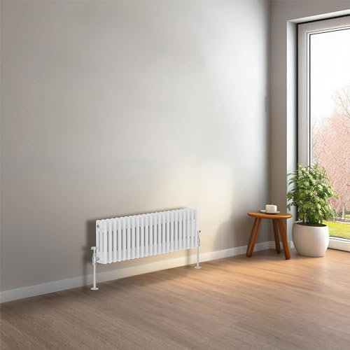 NRG 300 x 1010 mm Gloss White Horizontal Traditional Column Cast Iron Style Radiator Central Heating Radiator Perfect for Bathrooms, Kitchen, Living Room Triple Panel
