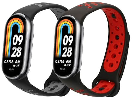kwmobile Straps Compatible with Xiaomi Mi Band 8 / Mi Band 9 Straps - 2x Replacement Silicone Watch Bands - Smartwatch or Fitness Tracker - Black/Grey/Black/Red