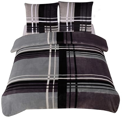 one-home Winter Bettwäsche Teddy Plüsch gestreift modern Kuschelig Flauschig Warm Weich, Größe:3 teilig 240x220 cm, Farbe:grau