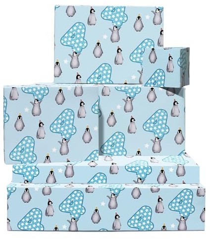 Geburtstags-Geschenkpapier – Pinguin – 6 Bögen blaues Geschenkpapier – Alter vier – Geschenkpapier zum 4. Geburtstag – mit Aufklebern – recycelbar – von Central 23