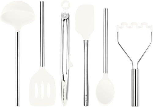 Tovolo Silicone Cooking Utensil Set of 6 White Ladle Slotted Turner Tongs Flex Core Spatula Scraper Mixing Spoon and Potato Masher, Dishwasher Safe Non Toxic BPA Free Silicone Kitchen Utensils