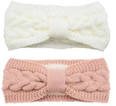 YOFASEN 2 Stück Stirnband Damen Winter - Gefüttert Fleece Haarbänder Elastische Haarreife Ohr Wärmer Haarband Häkelarbeit Haarschmuck Gestrickte Haarreifen für Frauen Mädchen(Weiß+Rosa)