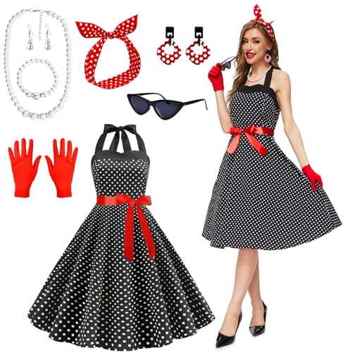 JONRRYIN 50er Jahre Kostüm Damen, 9 Stück Rockabilly Accessoires Mit Katzen Auge Brille, Ohrringe, Stirnband, Halskette, Handschuhe für Motoparty Retro Party