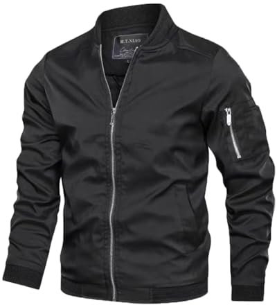 Hombre Primavera-Otoño Casual-Clásica Vintage Chaqueta Bomber Fit Cuello Alto Ropa Deportiva Transición Chaqueta Cortavientos Ligeras Estilo Informal Cazadora Softshell Masculina Chaqueta Negro L