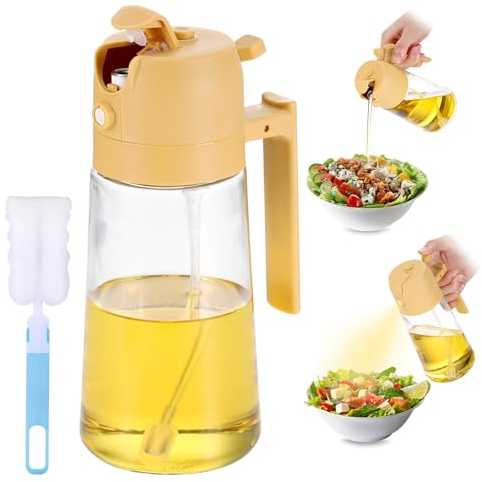 Fentar 2 en 1 Pulverizador Aceite con Spray de Cristal, 470ml Aceitera con Asa, para Cocina y Freidora de Aire, Dispensador con Cepillo