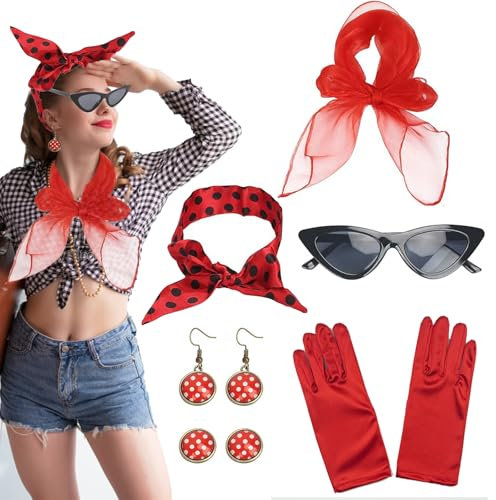 MUFEKUM Rockabilly Accessoires Damen, 50er Jahre Kleider Zubehör Mit Chiffon Schal, Handschuhe, Sonnenbrille, Polka Dot Stirnband, Ohrringe - 50er 60er Jahre Outfit (Rot)
